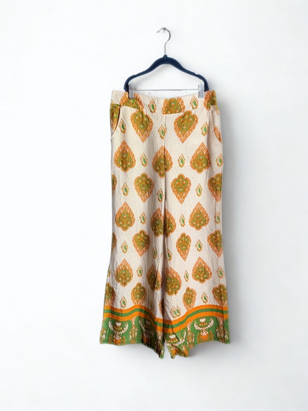 Haute Hippie Cream Pants with Green & Orange Paisley Motif